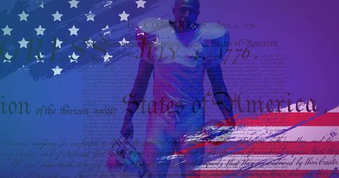 Patriotic American Football Player with USA Flag and Declaration Background