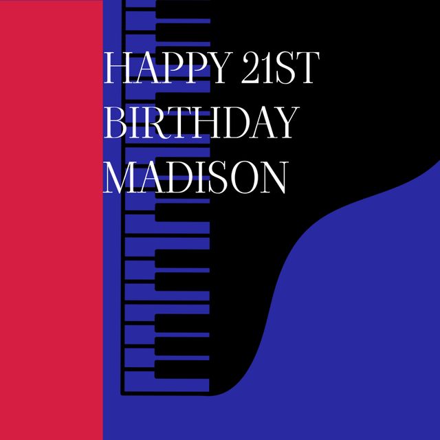 Modern, vibrant birthday card featuring bold colors and a piano graphic. Perfect for sending unique birthday messages, especially for music lovers. Easily customizable for different names and ages.