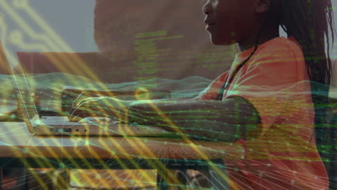 Digital Learning Concept with Boy Using Laptop and Data Overlay