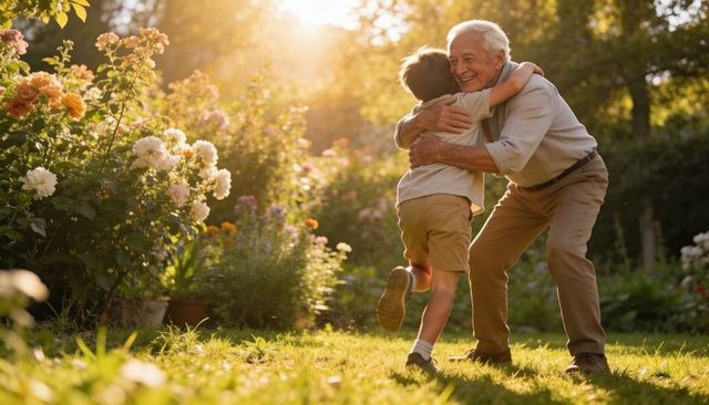 Grandfather embracing grandson in sunlit garden at golden hour with blooming roses