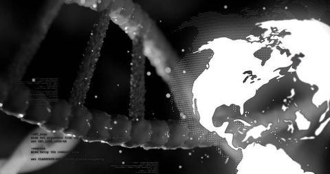 Global biotechnology concept uniting dna helix, world map, digital code in monochrome