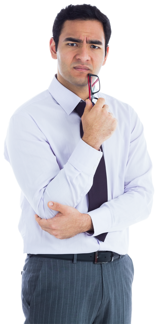 Confused Biracial Businessman Holding Glasses on Transparent Background - Download Free Stock Videos Pikwizard.com