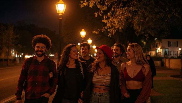 Friends walking at night under warm lamps laughing and chatting during neighborhood stroll