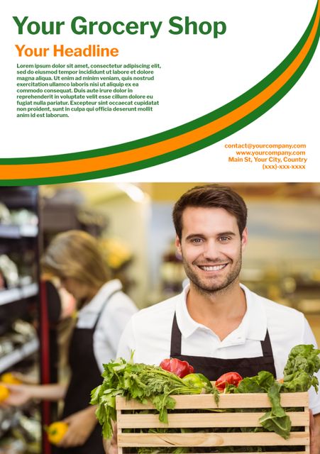 Friendly Grocer Holding Fresh Vegetables in Shop for Market Advertisements - Download Free Stock Templates Pikwizard.com