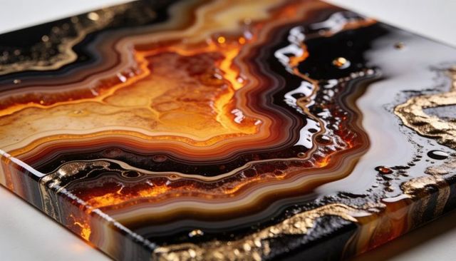 Amber agate epoxy resin wall panel with gold leaf and glossy layered strata