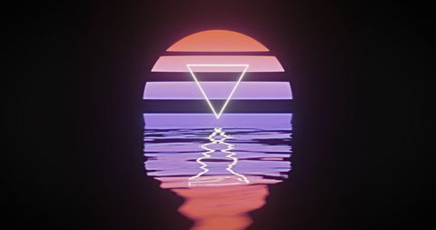 Retro Futuristic Glowing Triangle over Water Reflection