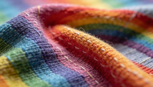 Showing colorful rainbow knit fabric textures, striped wool stitches and soft fibers