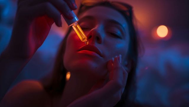 Woman applying amber serum at home with ambient lighting