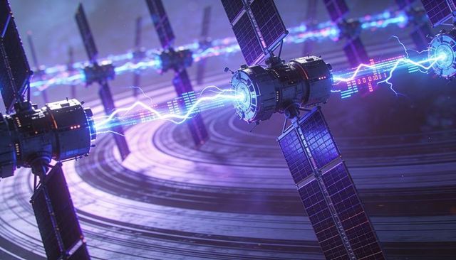 Orbital energy relay satellites transmitting holographic neon arcs over ringed planet solar arrays