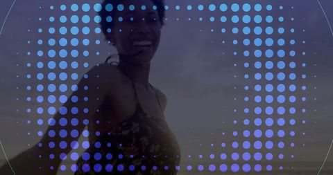 Joyful Woman Dancing on Sunset Beach with Artistic Overlay