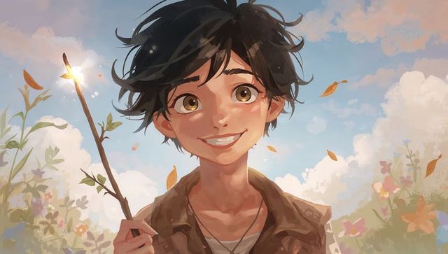 Smiling teen boy holding glowing wooden wand with golden leaves in meadow