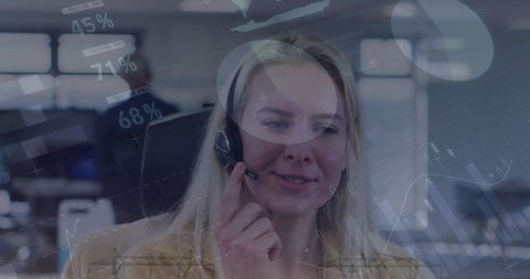 Businesswoman with Headset Analyzing Data and Market Trends