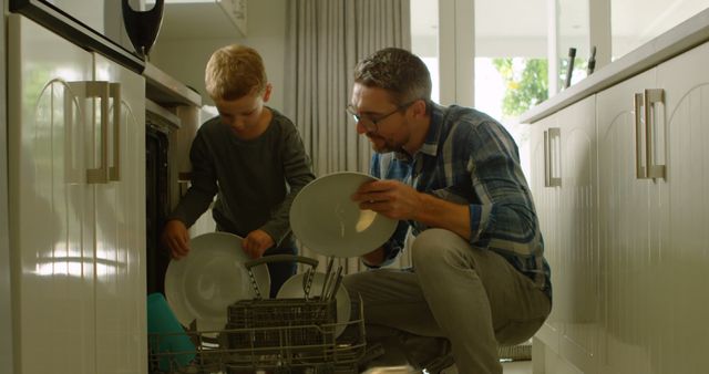 Father and Son Loading Dishwasher in Modern Kitchen - Download Free Stock Images Pikwizard.com