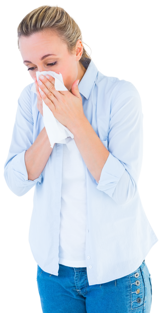 Transparent Image of Woman Sneezing in Handkerchief for Cold and Flu Concept - Download Free Stock Videos Pikwizard.com