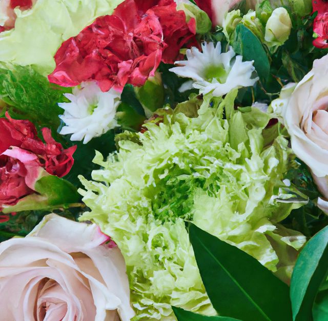 This image showcases a vibrant and colorful mixed flower bouquet, featuring roses, green leaves, and red flowers in a close-up shot. The floral arrangement beautifully combines different textures and colors, making it a perfect representation of nature's beauty. This image can be used for gardening blogs, floral websites, wedding invitations, and decorative prints.