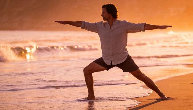 Man practicing warrior ii yoga pose on beach at golden hour sunset for mindful fitness