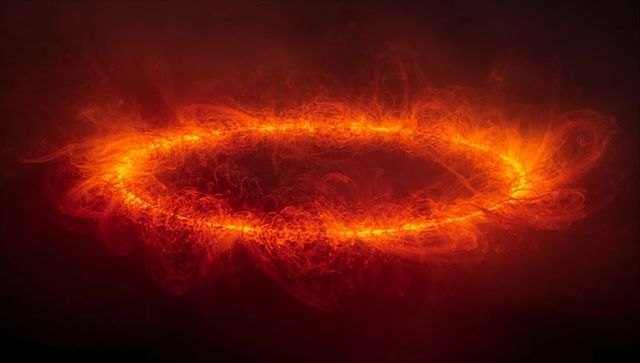 Mystical fiery ring with swirling plasma and embers in dark void