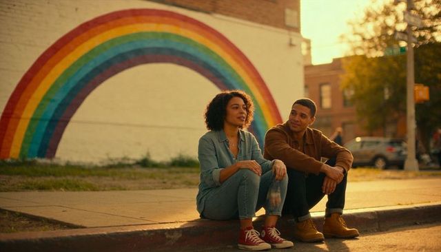 Couple sitting on curb chatting in front of rainbow mural at golden hour