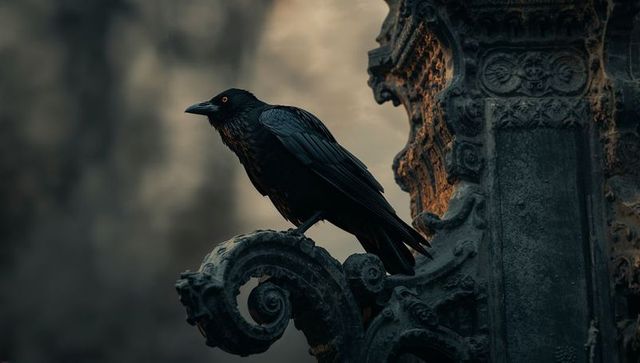 Gothic Black Bird Perched on Historic Stone Facade