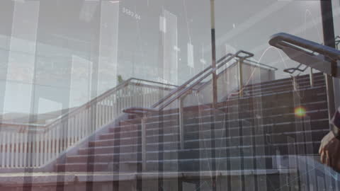 Businessman Climbing Stairs Amid Digital Data Interfaces