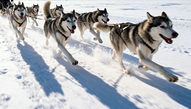 Harnessed team of siberian huskies running and pulling sled across sunlit snow trail