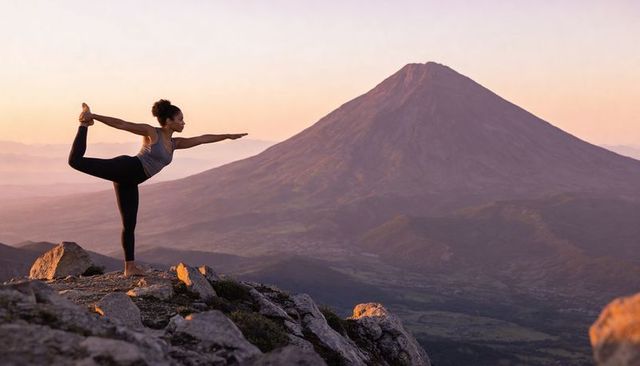 Practicing sunrise yoga on rocky mountain ridge facing volcano, balancing dancer pose