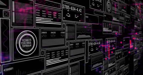 Futuristic HUD Panels Receding into Depth Showing Charts, Gauges and Magenta Glitches