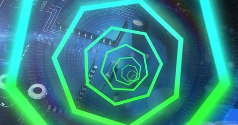 Futuristic cyberspace tunnel with binary overlay