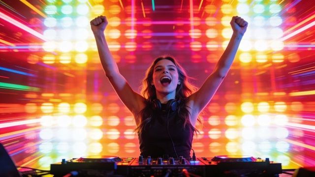 Female dj raising arms celebrating on vibrant led light stage