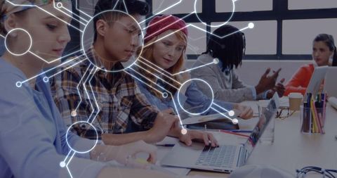 Diverse team collaborating on technology network project