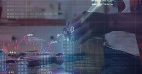 Man Holding VR Headset and Graphical Overlay in Home Office