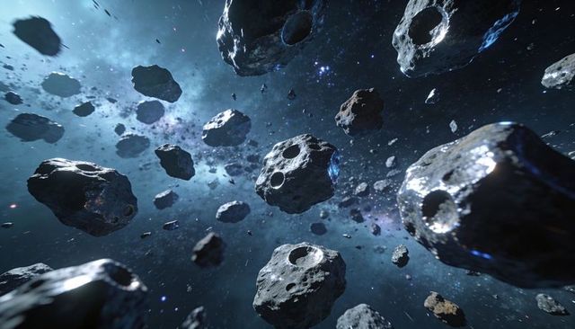 Cratered Asteroid Field Drifting Through Blue Nebula with Reflective Surfaces