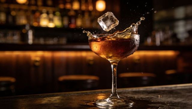 Coupe glass splashing amber cocktail with ice cube on wet bar countertop