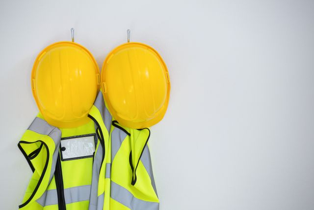 Close-up of protective workwear hanging on hook against white background