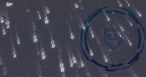 Cybersecurity Digital Interface with Shield Envelope Icon and Binary Code