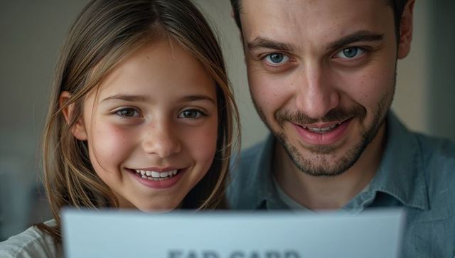 Father and daughter smiling while reading card together at home showing tender bond