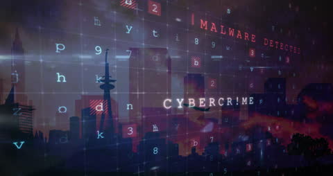 Digital Cityscape with Cyber Attack and Malware Alerts
