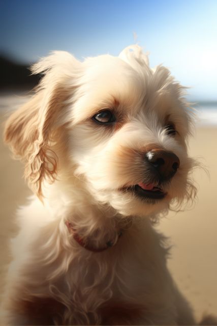Portrait of white cute dog on beach, created using generative ai technology. Dog, animal and pet concept digitally generated image.