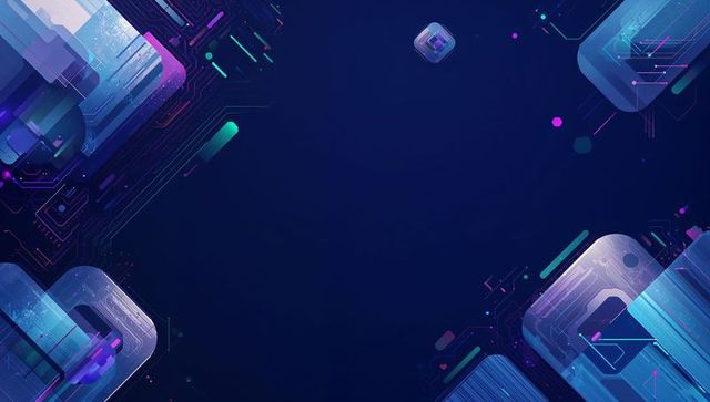 Glowing Glass Panels Framing Navy Negative Space with Neon Circuitry and Floating Cube