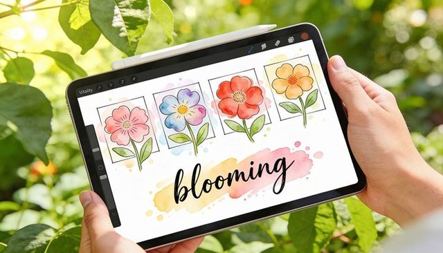 Handheld tablet displaying watercolor floral illustrations with brush lettering 'blooming'