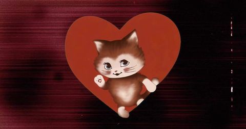 Whimsical Cartoon Kitten with Red Heart Background