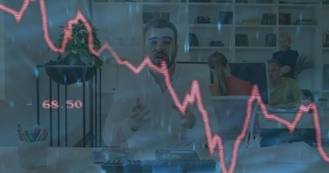Presenting business leader explaining market volatility with red stock chart overlay