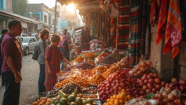 Sunlit street market shoppers selecting fresh fruit amid colorful textile stalls