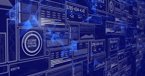 Futuristic digital analytics interface with data panels and charts