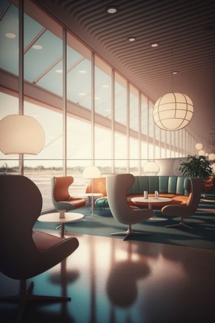Airport with sofas, armchairs, lamps and plane outside window created using generative ai technology. Airport, transport and travel concept digitally generated image.
