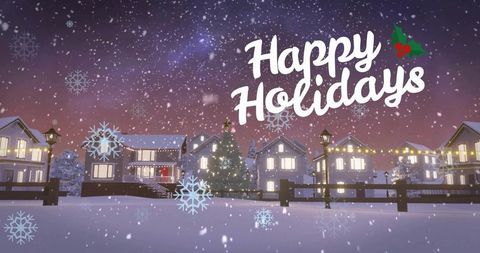 Cozy suburban street glowing at twilight with christmas tree and falling snow holiday greeting