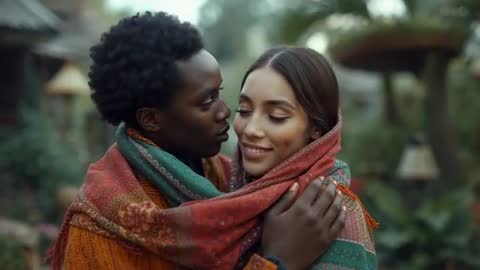 Romantic Couple Draped in Shawls Sharing Soft Moment in Garden