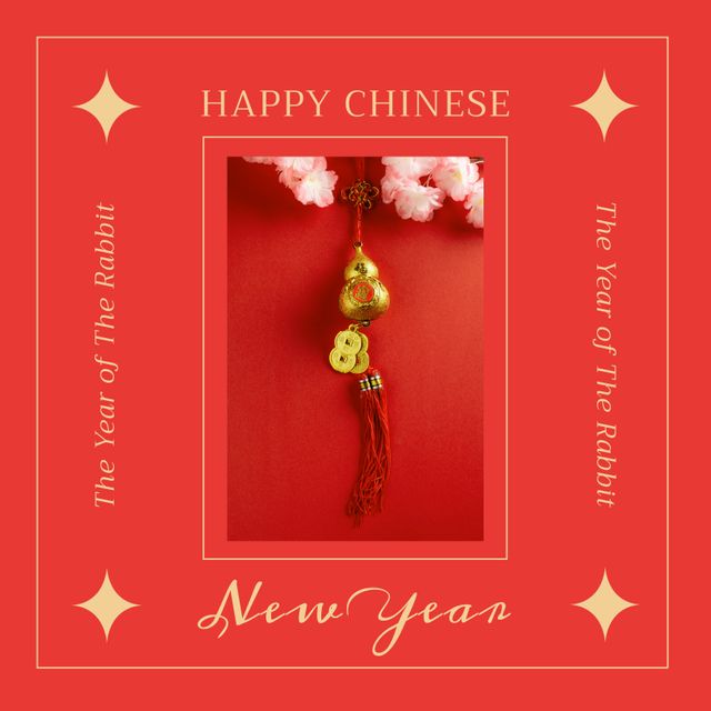 This vibrant image captures the festive spirit of the Chinese New Year with traditional decorations on a red background. Ideal for greeting cards, holiday banners, and social media posts to celebrate the Year of the Rabbit. The combination of gold embellishments and floral patterns enhances the festive atmosphere and symbolizes good luck and prosperity in Chinese culture. Perfect for promoting celebrations, cultural events, and seasonal decorations.
