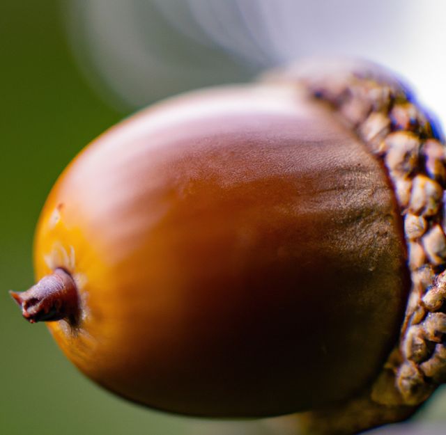 Close up of brown acorn laying on green backrgound. Acorn, nature and close up concept.