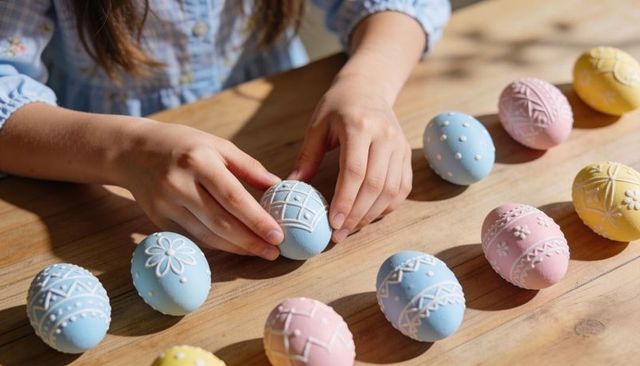 Child arranging pastel decorated Easter eggs on wooden table in sunlight